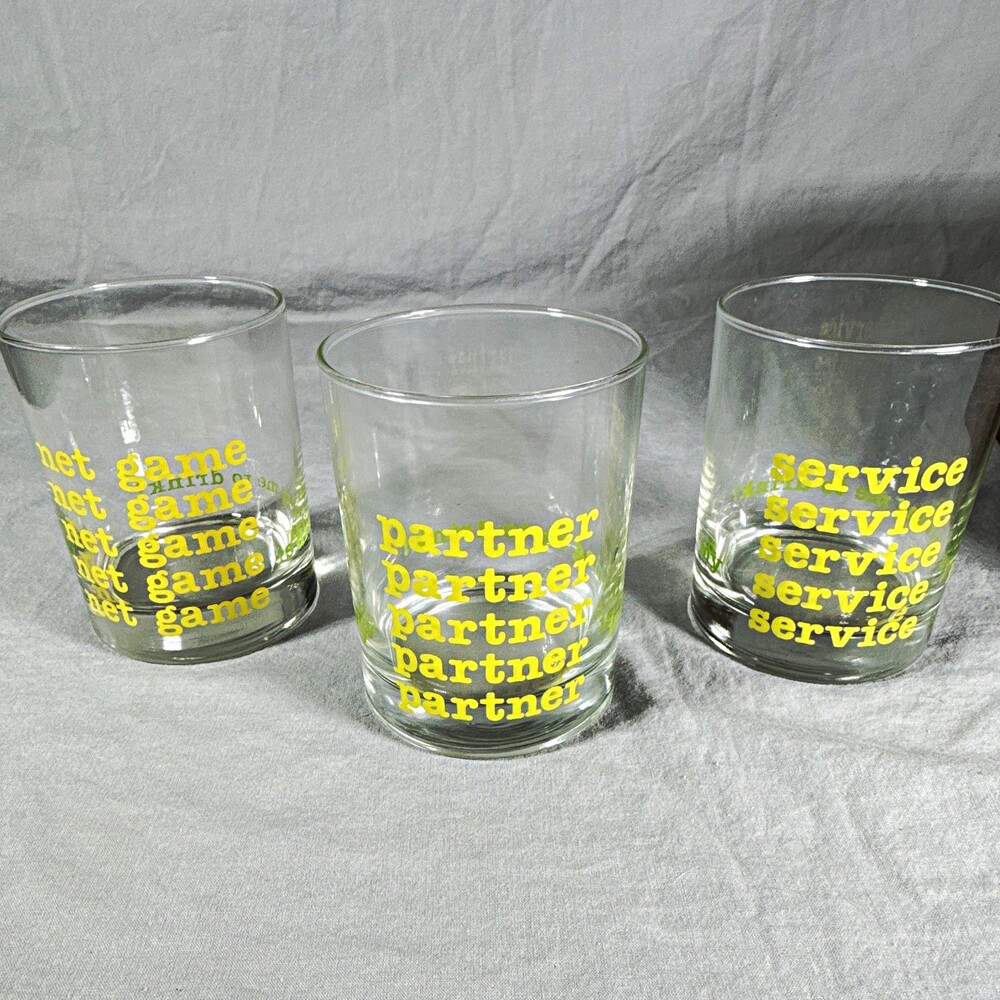 MCM Clear Glass 8oz Rocks Tumblers Text Print Partner Service Net Game Set of 3